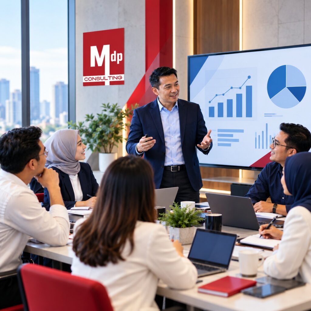 Fasilitator MDP Consulting memimpin workshop kepemimpinan dan kinerja bisnis bersama peserta di ruang rapat